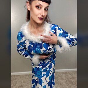 60s Blue & White Floral Marabou Fur Dress Mod MCM Formal Maxi Hostess Tiki L